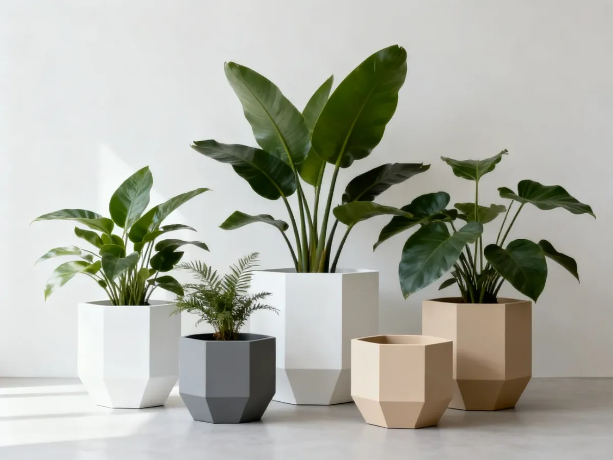 Zestaw geometrycznych donic z konglomeratu w minimalistycznym wnętrzu