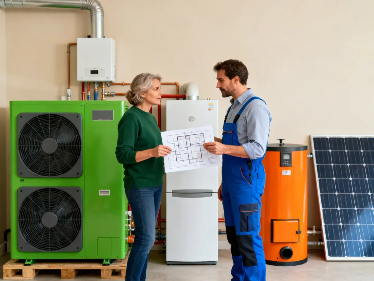 Właściciel domu konsultujący wybór systemu ogrzewania z instalatorem
