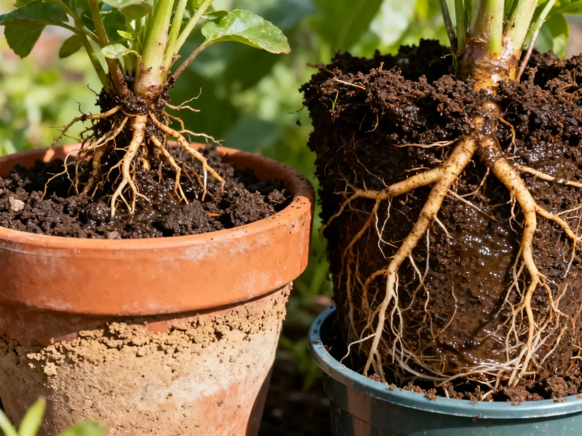 Porównanie wilgotności podłoża i korzeni w donicy glinianej oraz plastikowej