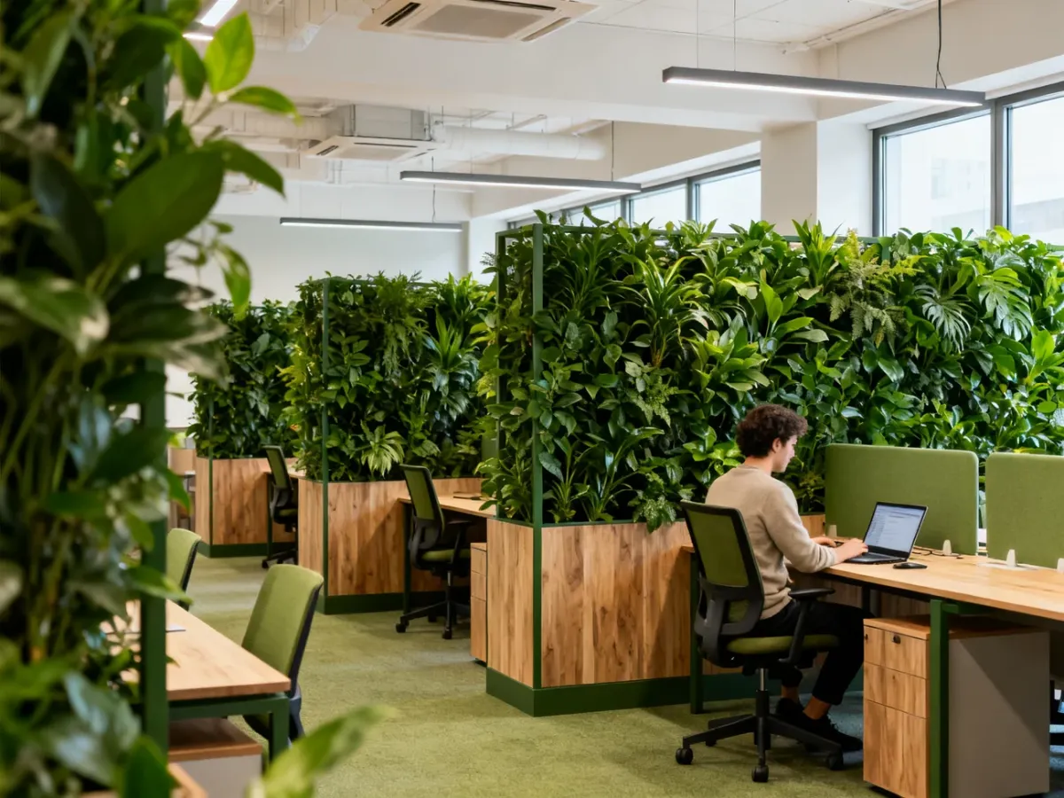 Roślinne przegrody oddzielające stanowiska pracy w coworkingu
