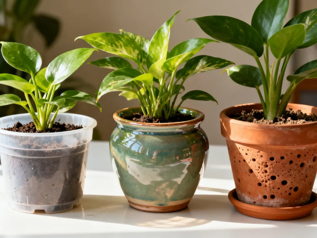 Porównanie plastikowej, szkliwionej ceramicznej i terakotowej doniczki z roślinami