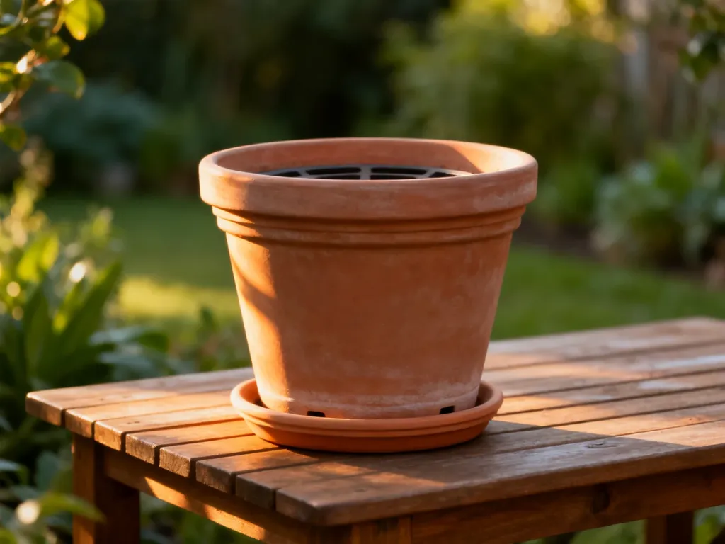 Wysokiej jakości ceramiczna doniczka z widoczną warstwą drenażową, ustawiona na drewnianym stole w ogrodzie.