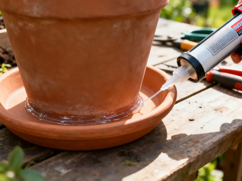 Nakładanie przezroczystego silikonu uszczelniającego na wewnętrzną krawędź ceramicznej podstawki pod doniczkę.