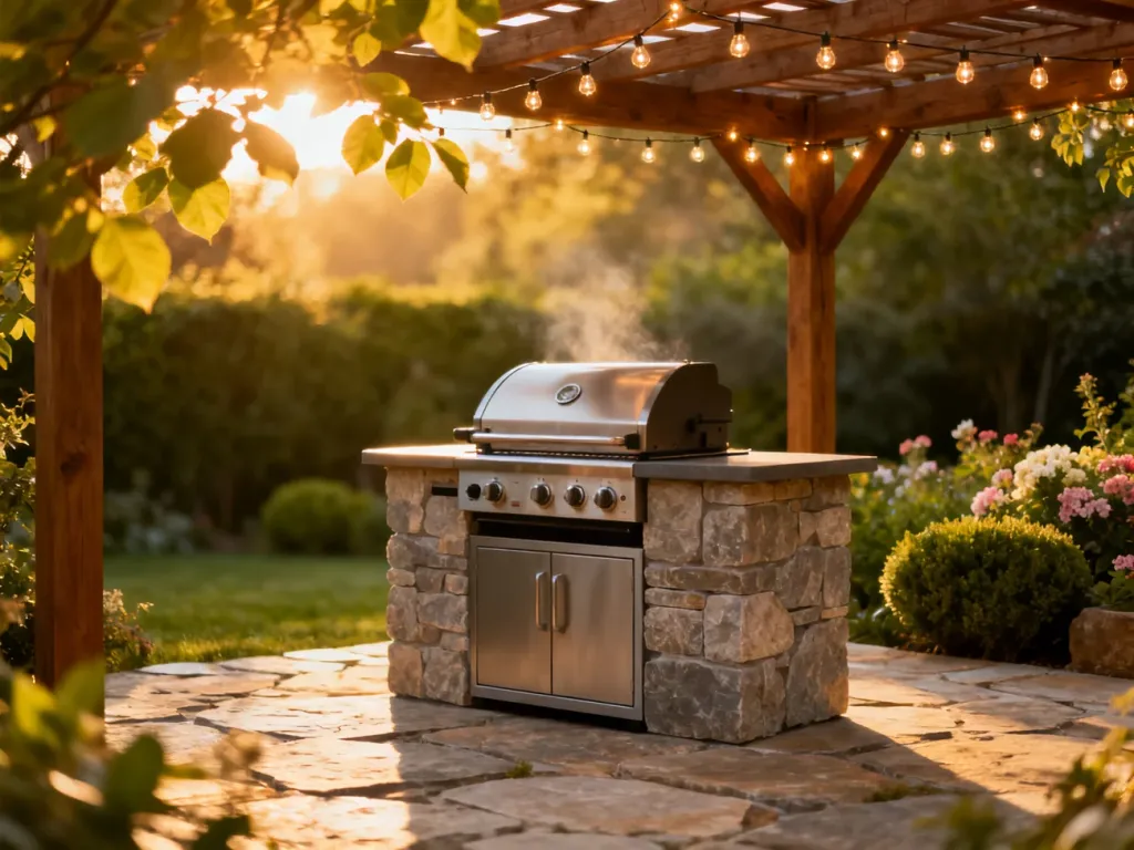 Nowoczesny grill ogrodowy na kamiennym patio pod pergolą z oświetleniem, tworzący przytulną strefę relaksu w ogrodzie.