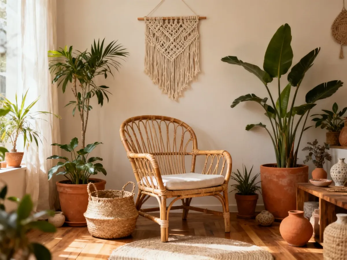 Zielony boho kącik obok fotela z rattanu