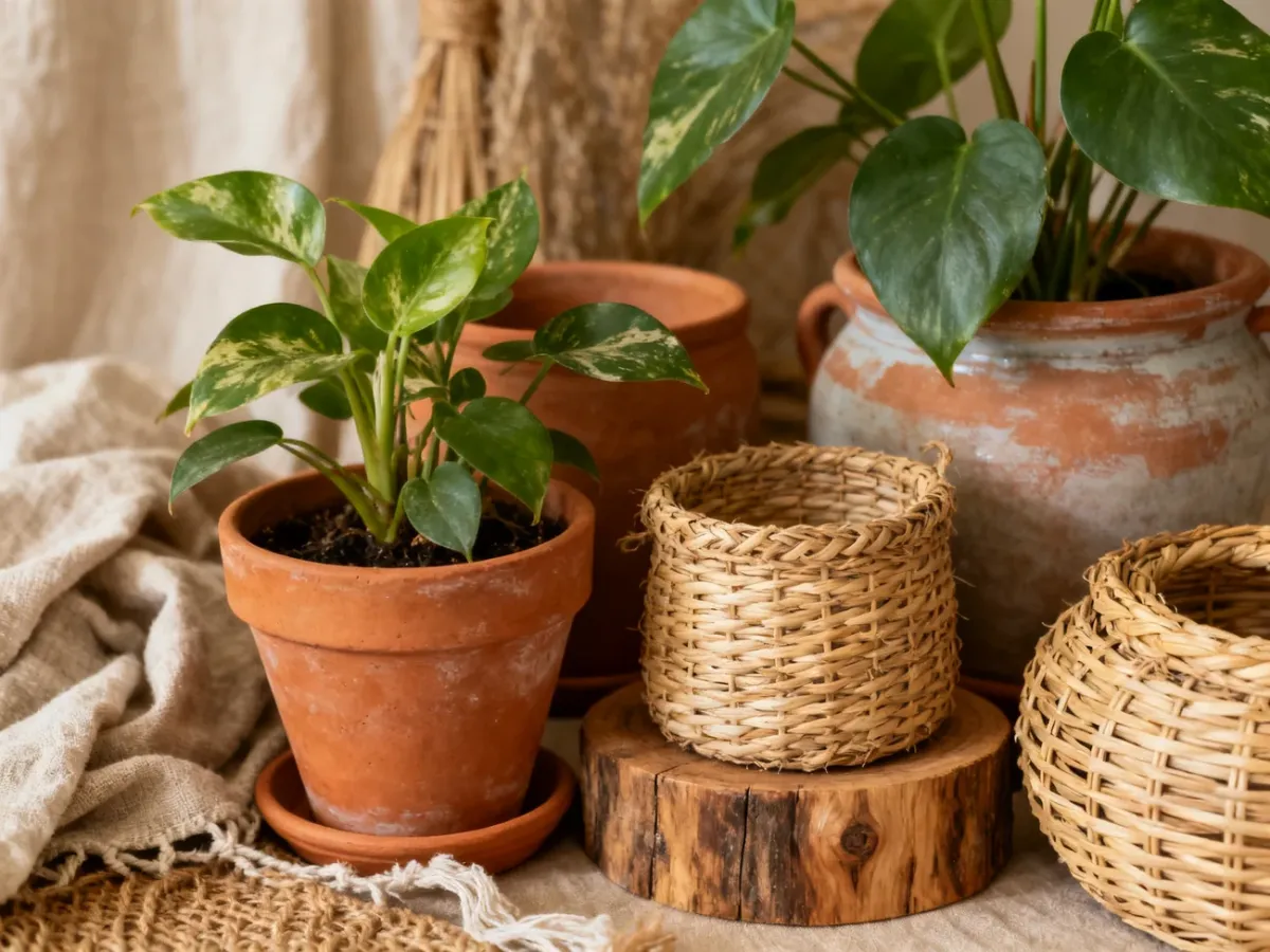 Różnorodne naturalne materiały donic w aranżacji boho