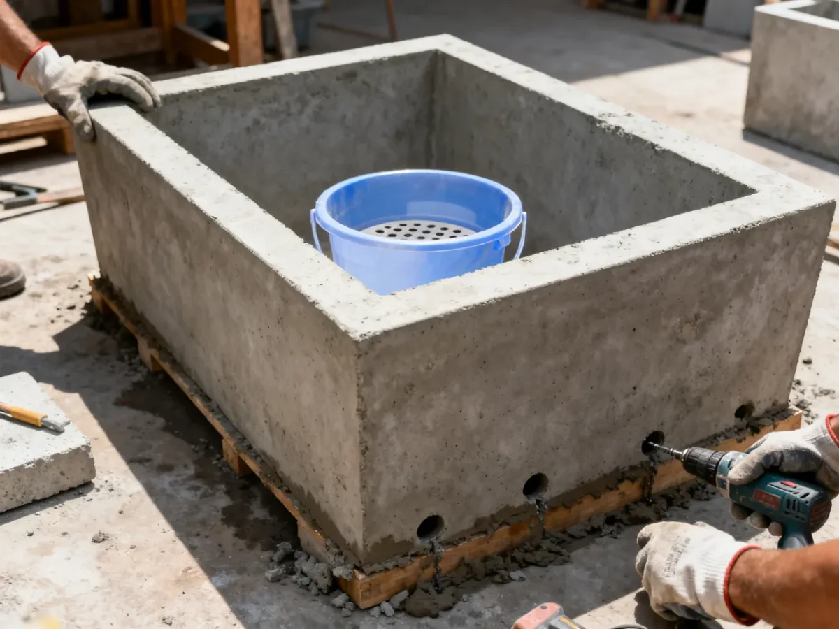 Rozformowywanie betonowej donicy i wykonywanie otworów drenażowych