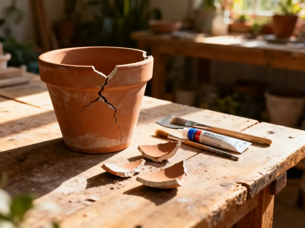 Rozbita ceramiczna doniczka na drewnianym stole wraz z narzędziami przygotowanymi do profesjonalnej naprawy.