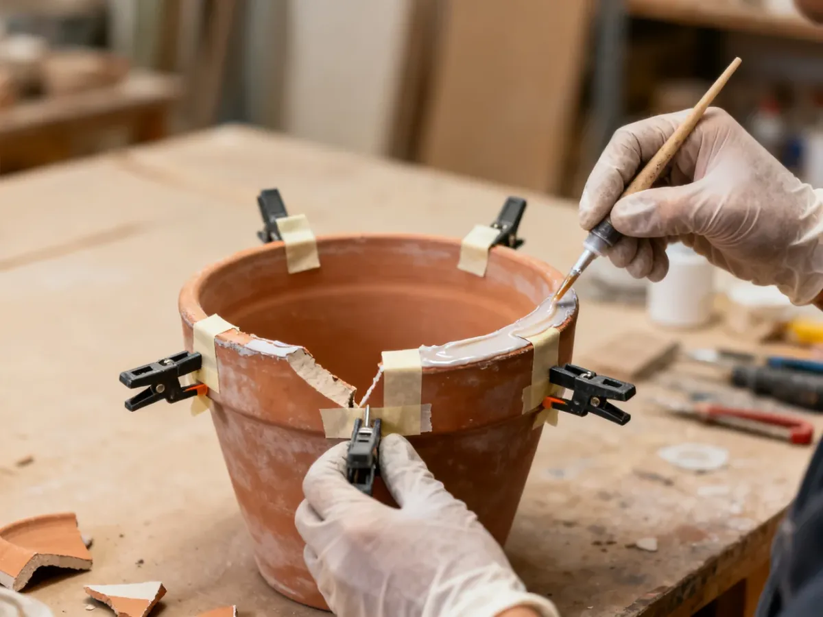 Sklejanie odłamków ceramicznej doniczki klejem epoksydowym