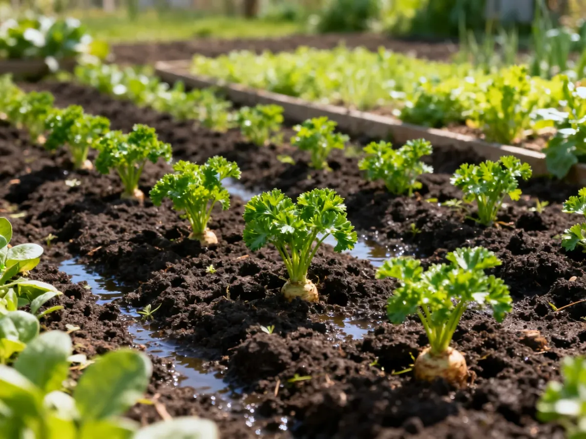 Młoda pietruszka rosnąca w słonecznej, zadbanej grządce