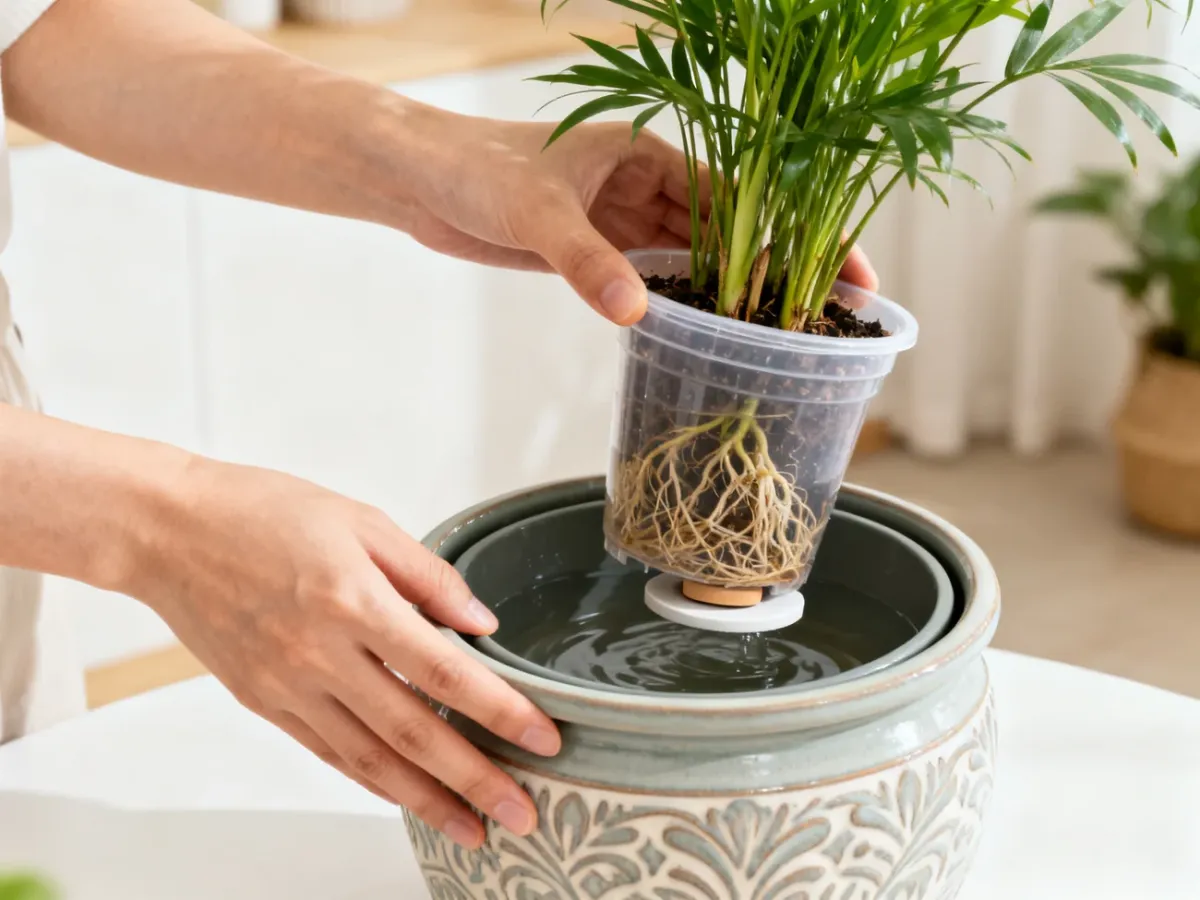 Lifting a nursery pot above standing water inside a cover pot
