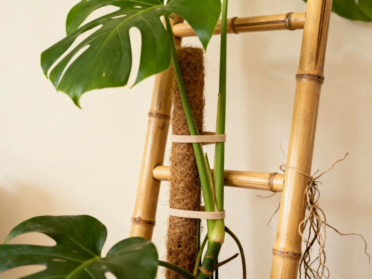 Monstera przymocowana do bambusowej drabinki