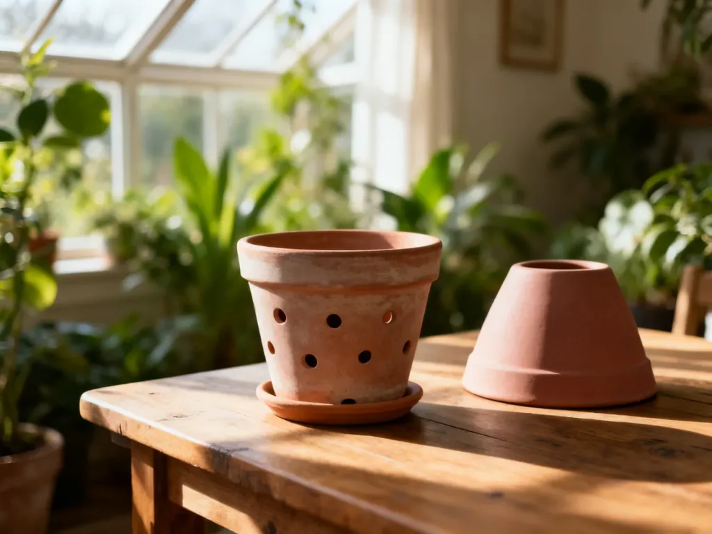 Porównanie ceramicznej doniczki z otworami drenażowymi oraz ozdobnej osłonki bez otworów na drewnianym stole.