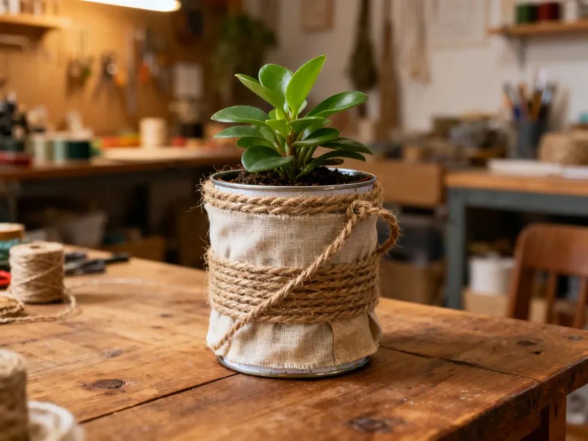 Upcycled container decorated as a plant cover pot
