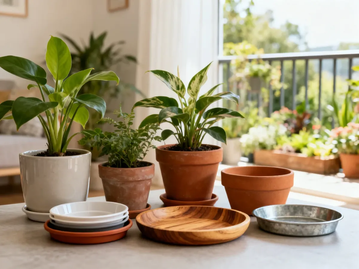 Różne rodzaje podstawek pod doniczki wykonane z ceramiki, plastiku, terakoty, drewna i metalu