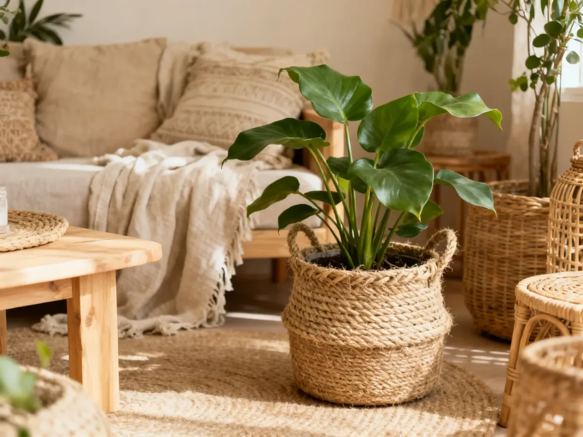 Houseplant in a woven jute cover pot in a boho interior