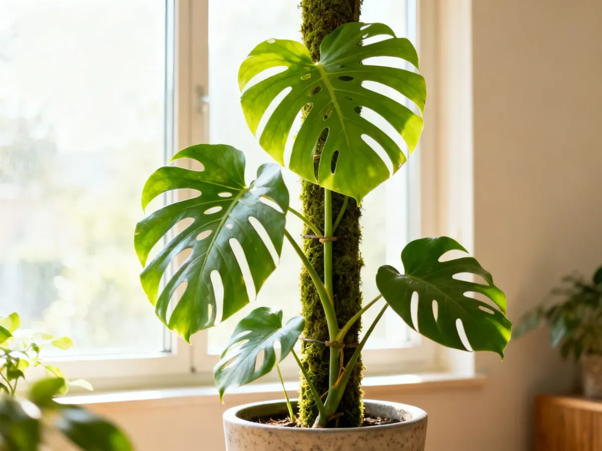 Monstera wspinająca się po wysokim paliku mchowym