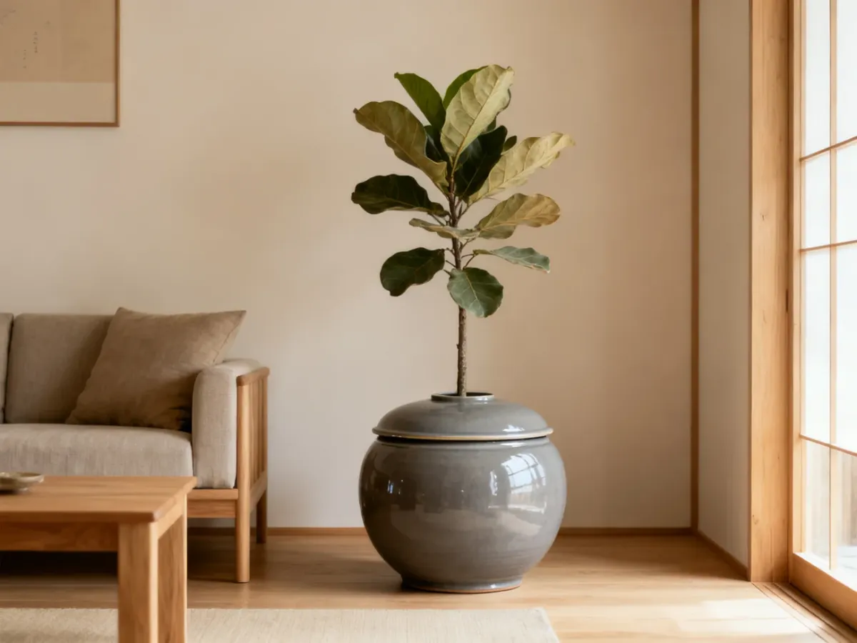 Ceramic cover pot with a leafy houseplant in a minimalist interior