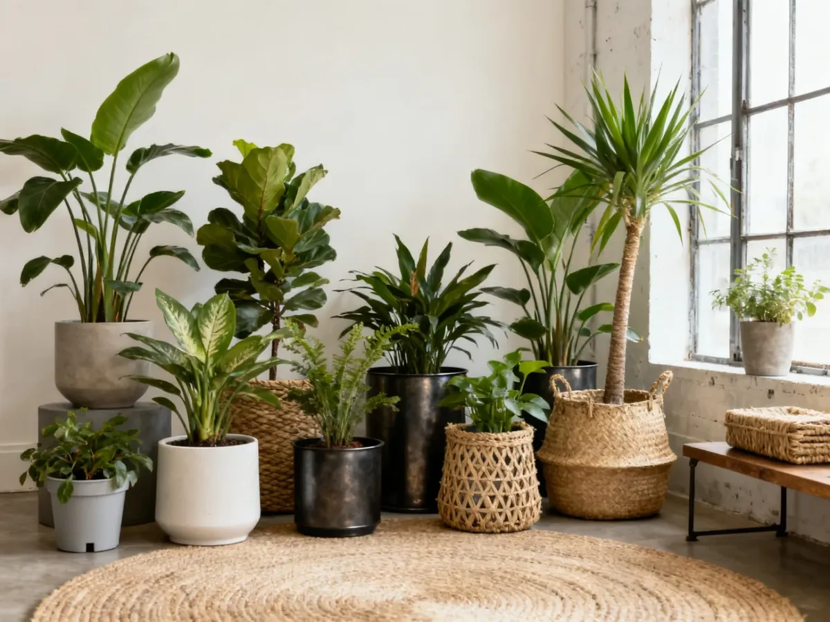 Houseplants in varied cover pots matched to different interior styles