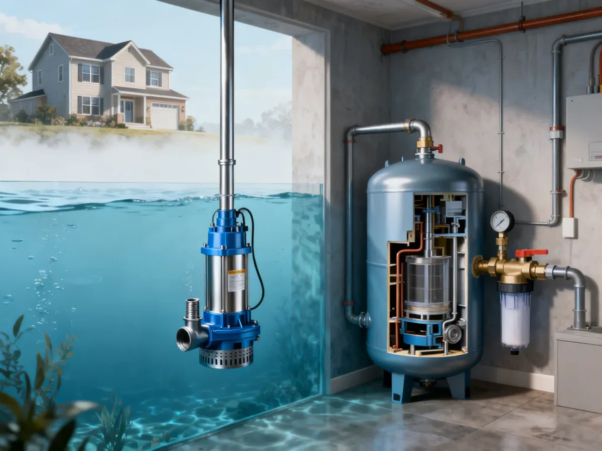 Przekrój instalacji hydroforowej z pompą głębinową, rurą tłoczną i zbiornikiem ciśnieniowym