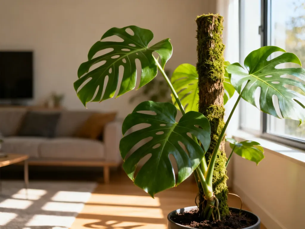Monstera deliciosa z dużymi liśćmi wsparta na solidnym paliku kokosowym w słonecznym, nowoczesnym salonie.