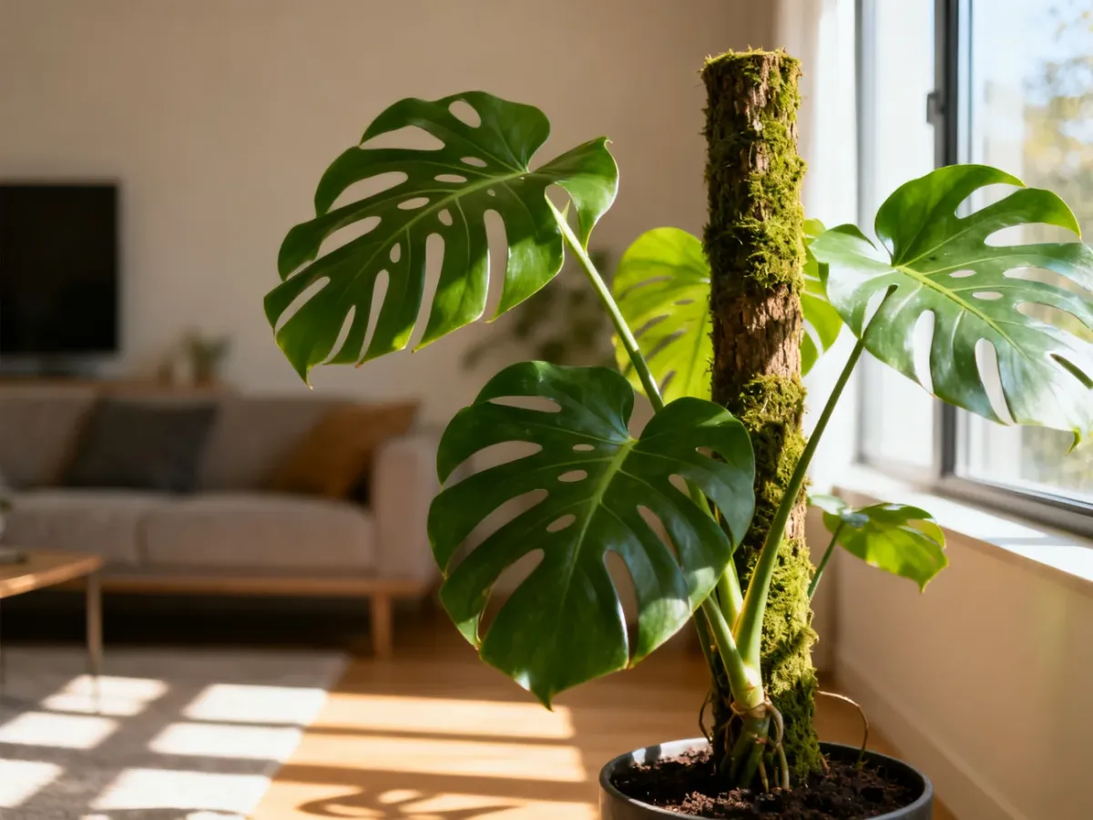 Monstera deliciosa z dużymi liśćmi wsparta na solidnym paliku kokosowym w słonecznym, nowoczesnym salonie.