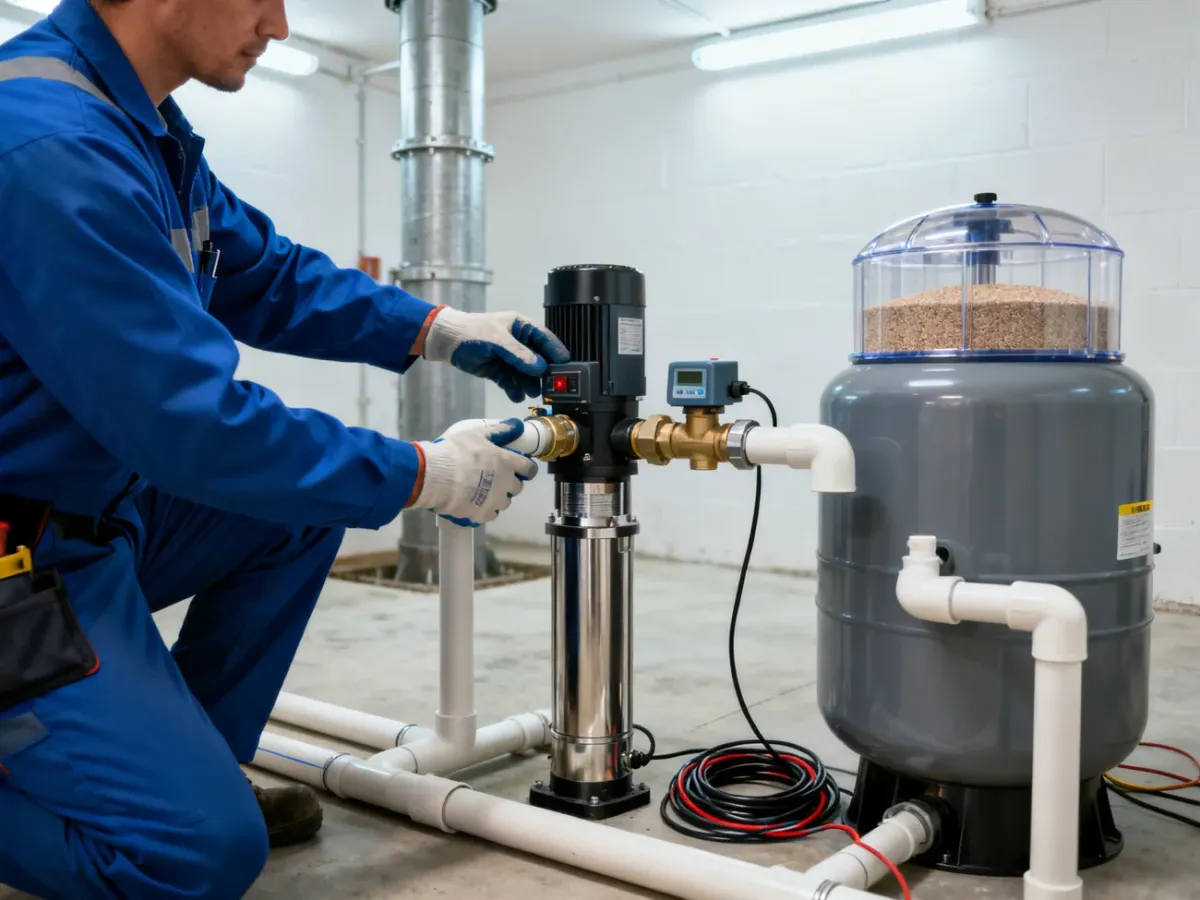 Montaż pompy głębinowej i elementów zestawu hydroforowego w pomieszczeniu technicznym