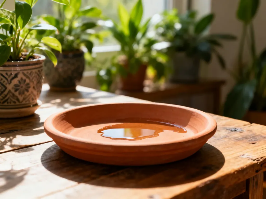 Ceramiczna podstawka pod doniczkę na drewnianym stole z widoczną wodą, podkreślająca estetykę i funkcjonalność ochrony mebli.